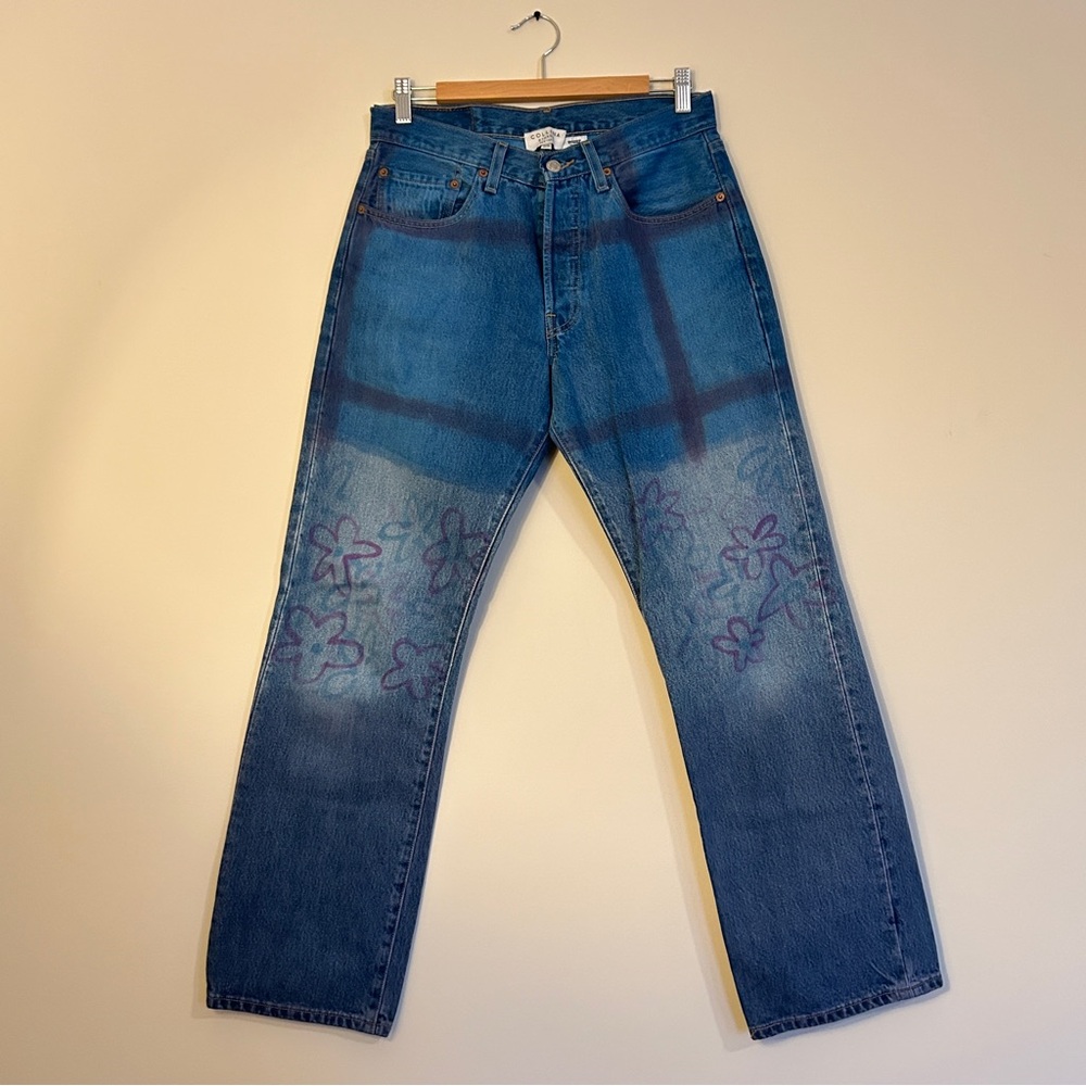 Collina Strada Blue Straight Leg Jeans with Purple Floral Design